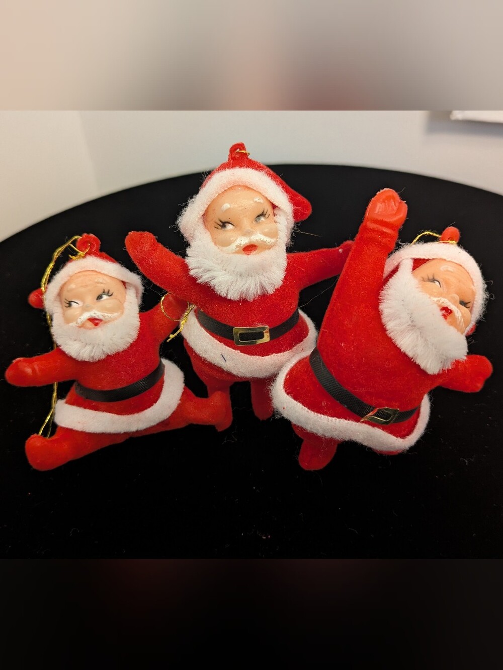 Vintage 1950's Flocked Red Blow Mold Japanese Made Hanging Christmas Ornaments